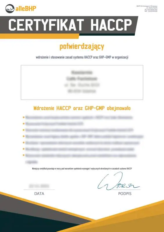 Certyfikat HACCP dla wydawalni posiłków (z cateringu) w żłobku