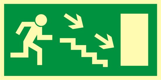 Znak ewakuacyjny - kierunek do wyjścia drogi ewakuacyjnej schodami w dół w prawo 2